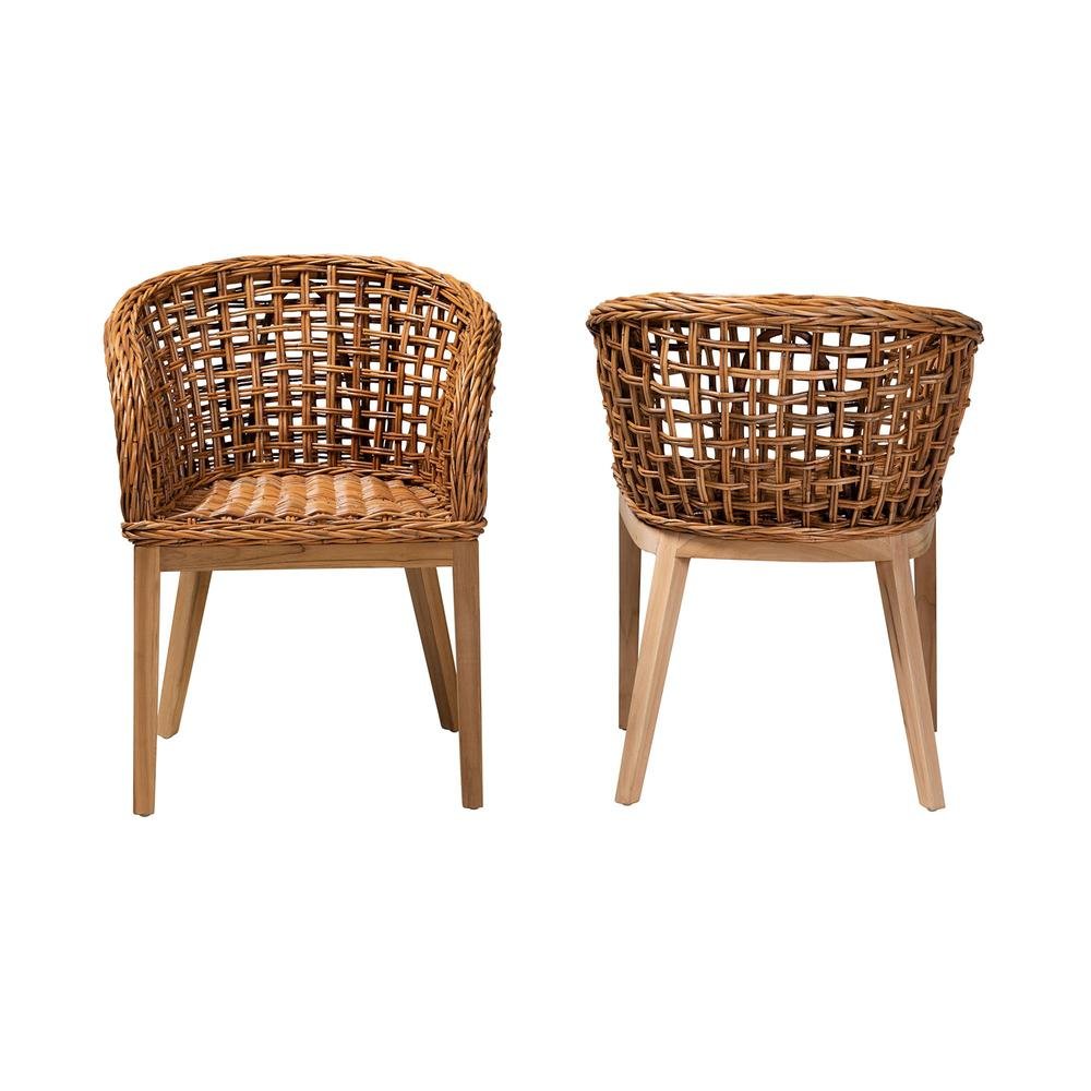 Bohemian Natural Brown Finished Teak Wood and Rattan 2-Piece Dining Chair Set. Picture 11