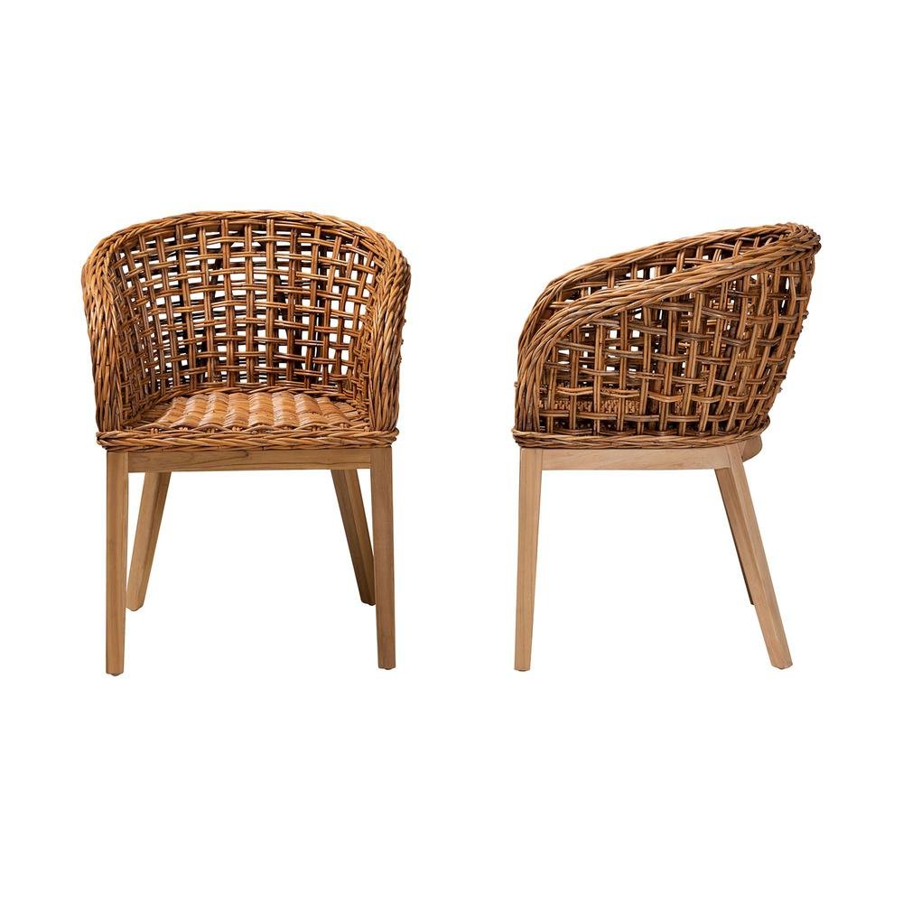 Bohemian Natural Brown Finished Teak Wood and Rattan 2-Piece Dining Chair Set. Picture 12