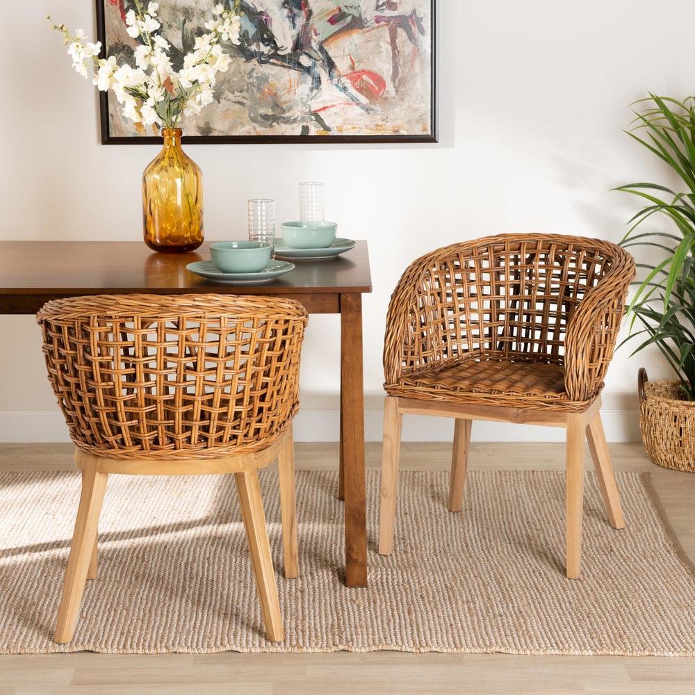 Bohemian Natural Brown Finished Teak Wood and Rattan 2-Piece Dining Chair Set. Picture 16
