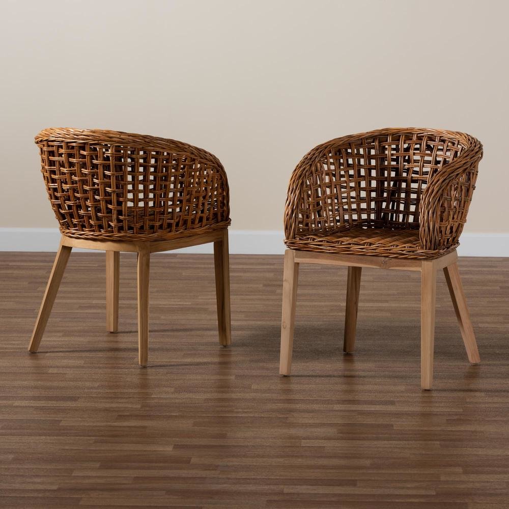 Bohemian Natural Brown Finished Teak Wood and Rattan 2-Piece Dining Chair Set. Picture 17