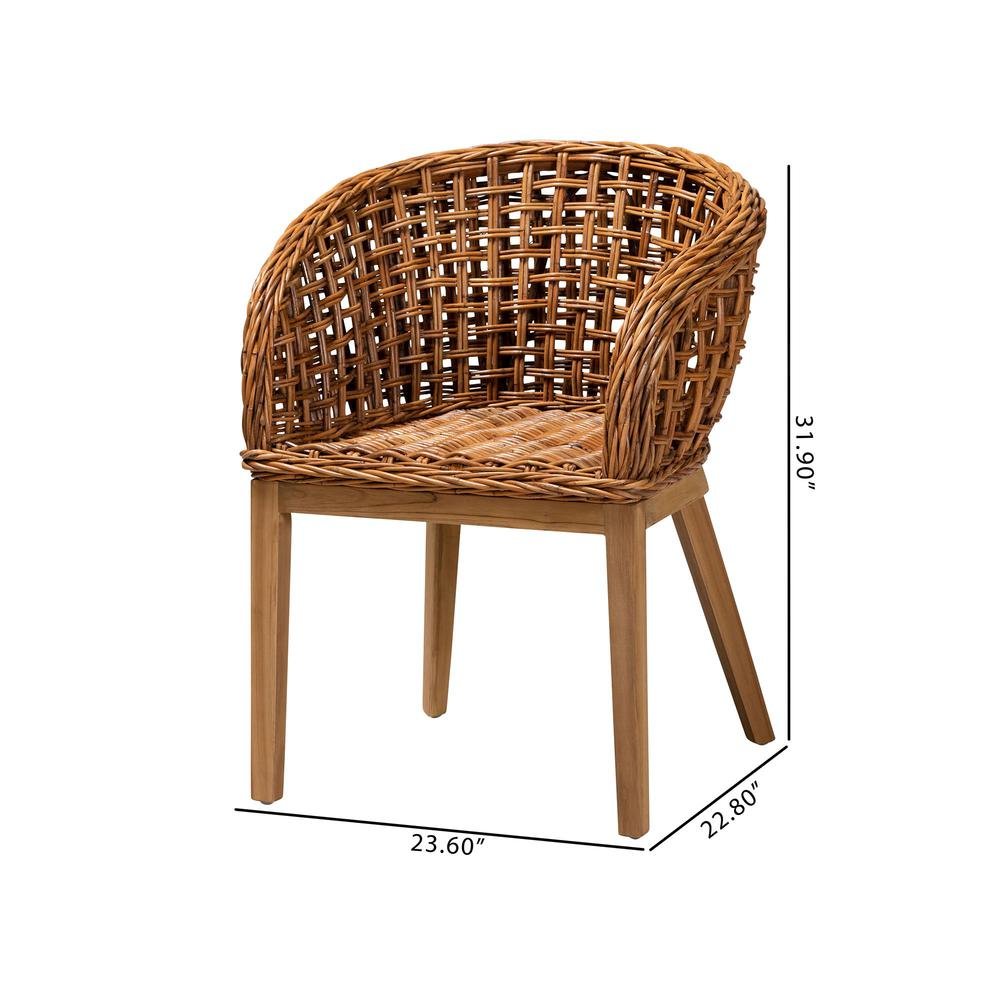 Bohemian Natural Brown Finished Teak Wood and Rattan 2-Piece Dining Chair Set. Picture 18