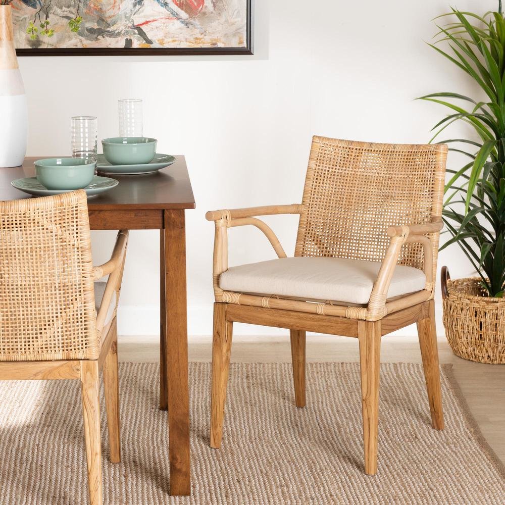 Bohemian Natural Brown Finished Teak Wood and Rattan 2-Piece Dining Chair Set. Picture 18