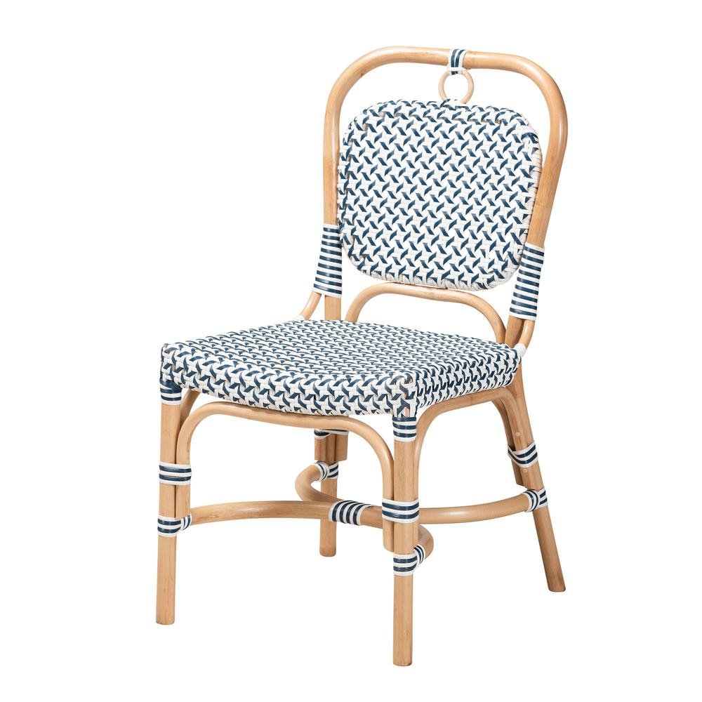 French Blue and White Weaving Natural Rattan Bistro Chair. Picture 10