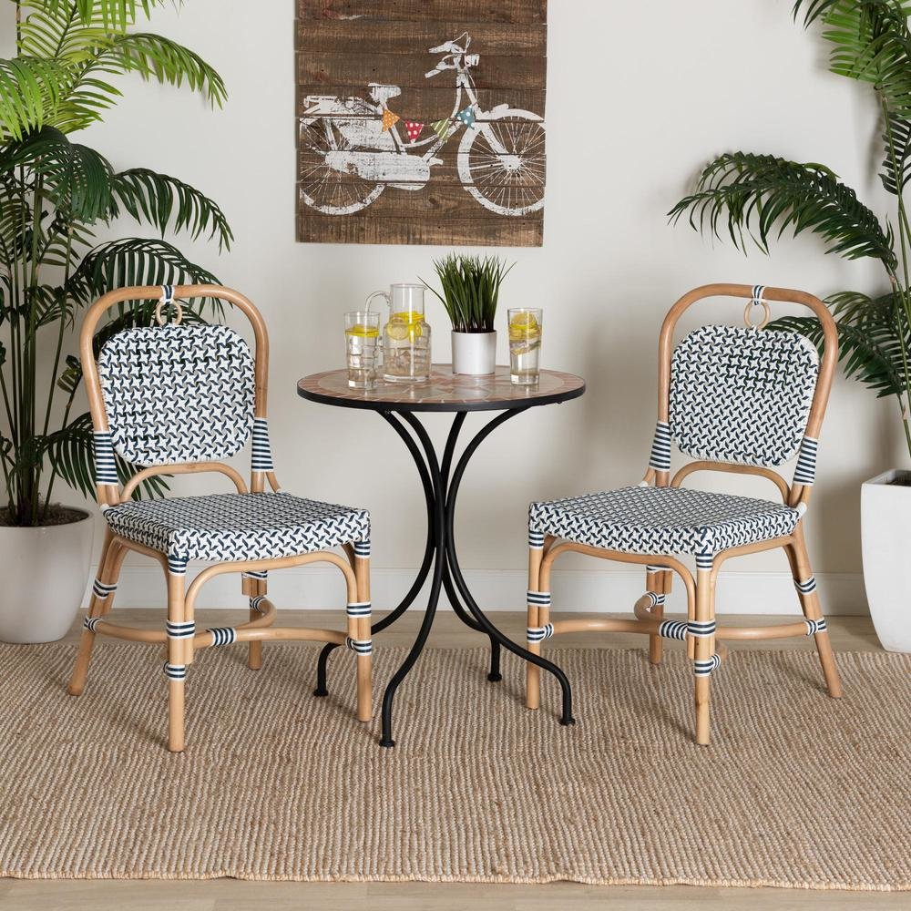 French Blue and White Weaving Natural Rattan Bistro Chair. Picture 17