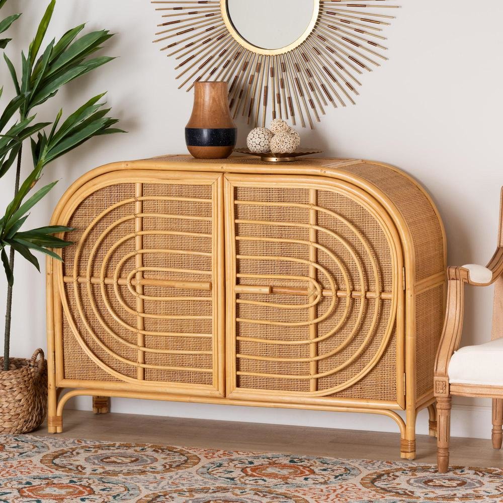bali & pari Ovalet Modern Bohemian Natural Brown Rattan 2-Door Sideboard. Picture 18