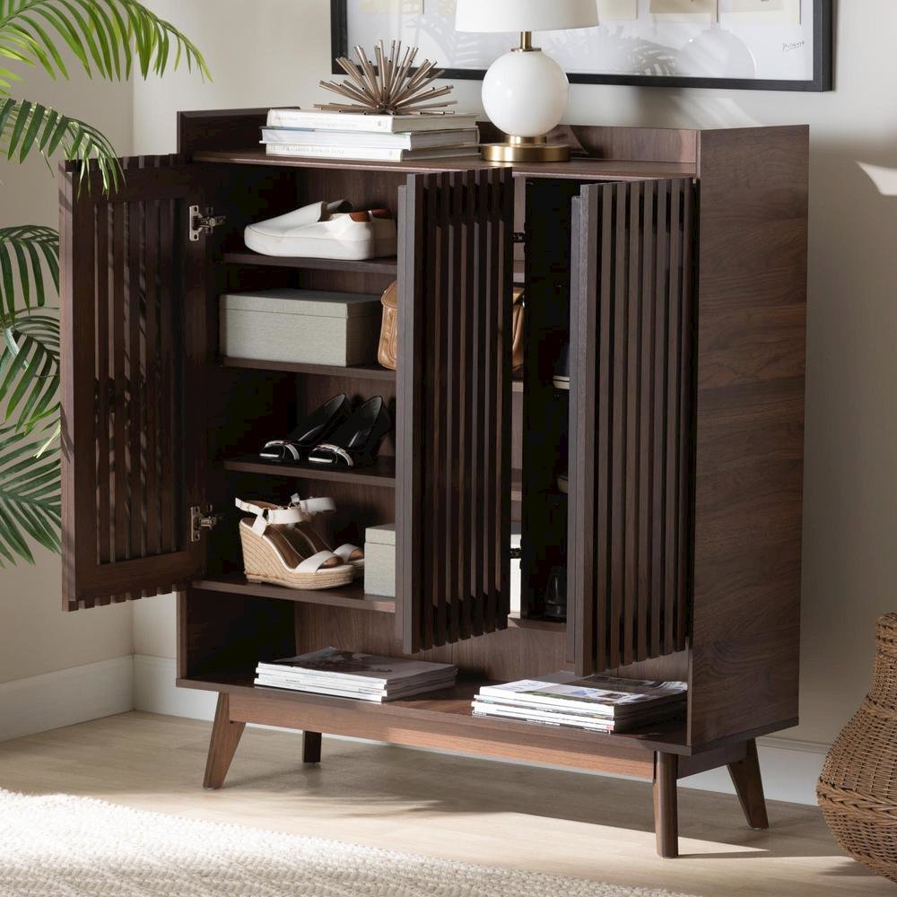 Baxton Studio Delaire Mid-Century Modern Walnut Brown Finished Wood Shoe Cabinet. Picture 20