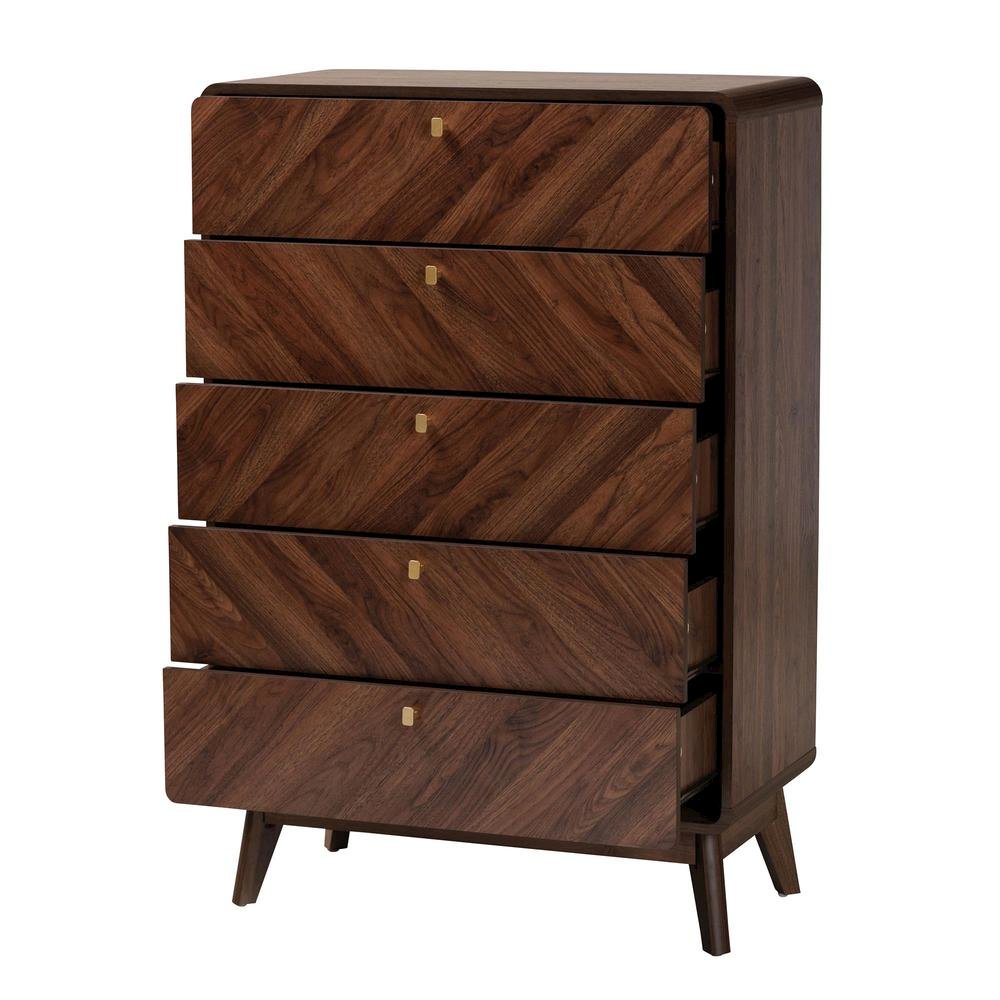 Transitional Walnut Brown Finished Wood 5-Drawer Storage Chest. Picture 12
