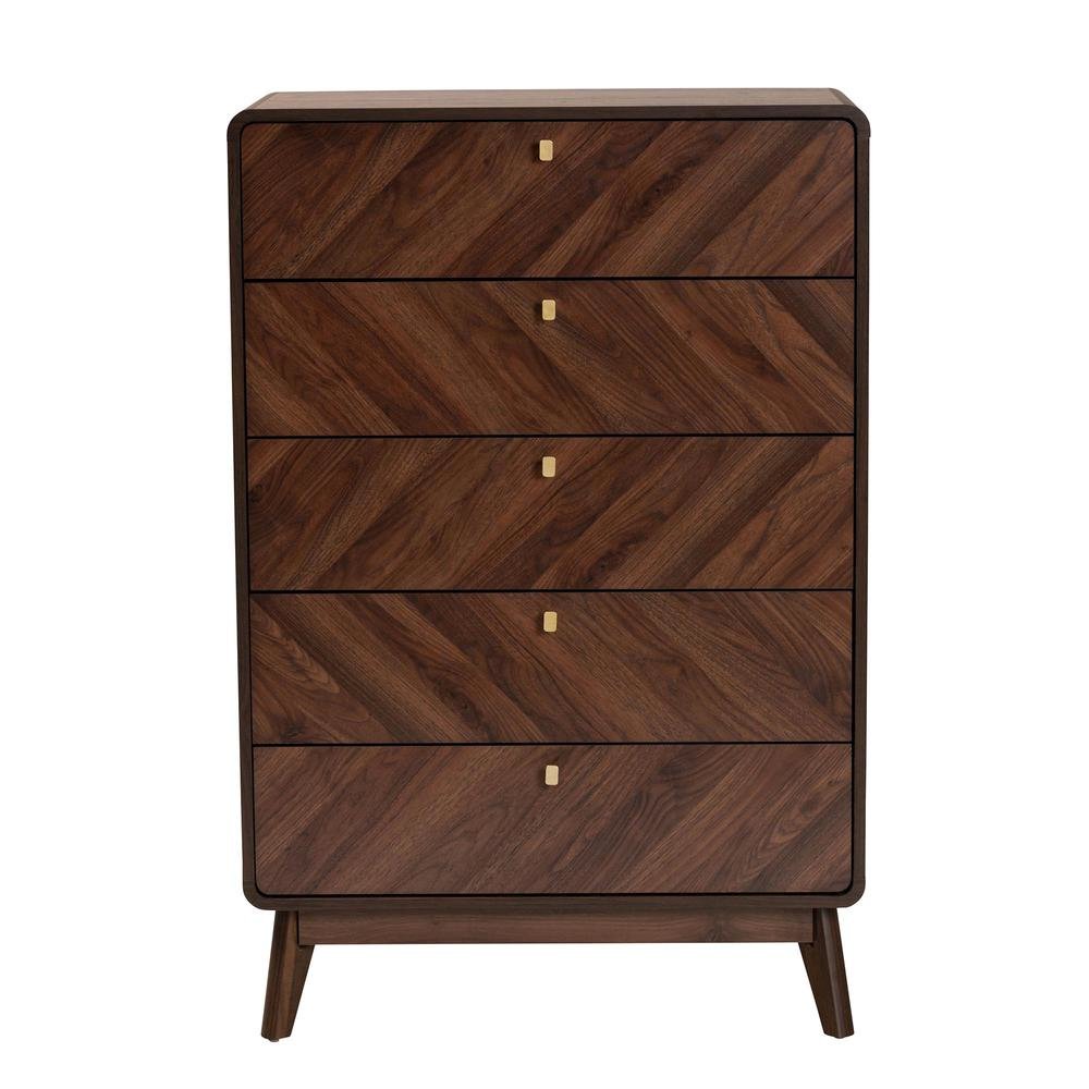 Transitional Walnut Brown Finished Wood 5-Drawer Storage Chest. Picture 13