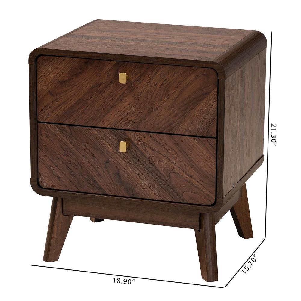 Markell Mid-Century Transitional Walnut Brown Finished Wood 2-Drawer Nightstand. Picture 20