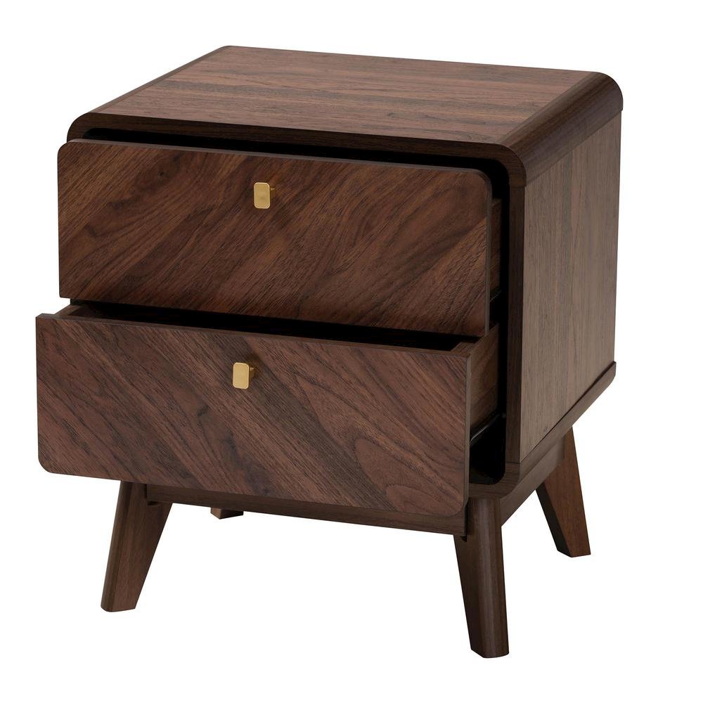 Markell Mid-Century Transitional Walnut Brown Finished Wood 2-Drawer Nightstand. Picture 12