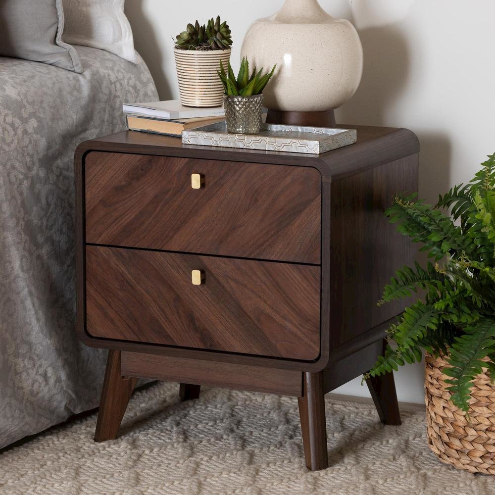 Markell Mid-Century Transitional Walnut Brown Finished Wood 2-Drawer Nightstand. Picture 18