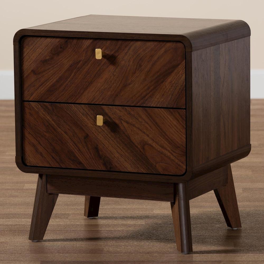 Markell Mid-Century Transitional Walnut Brown Finished Wood 2-Drawer Nightstand. Picture 19