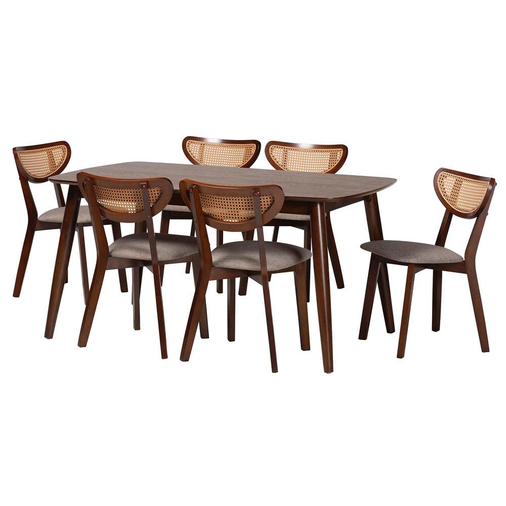 Grey Fabric and Walnut Brown Finished Wood 7-Piece Dining Set. Picture 11