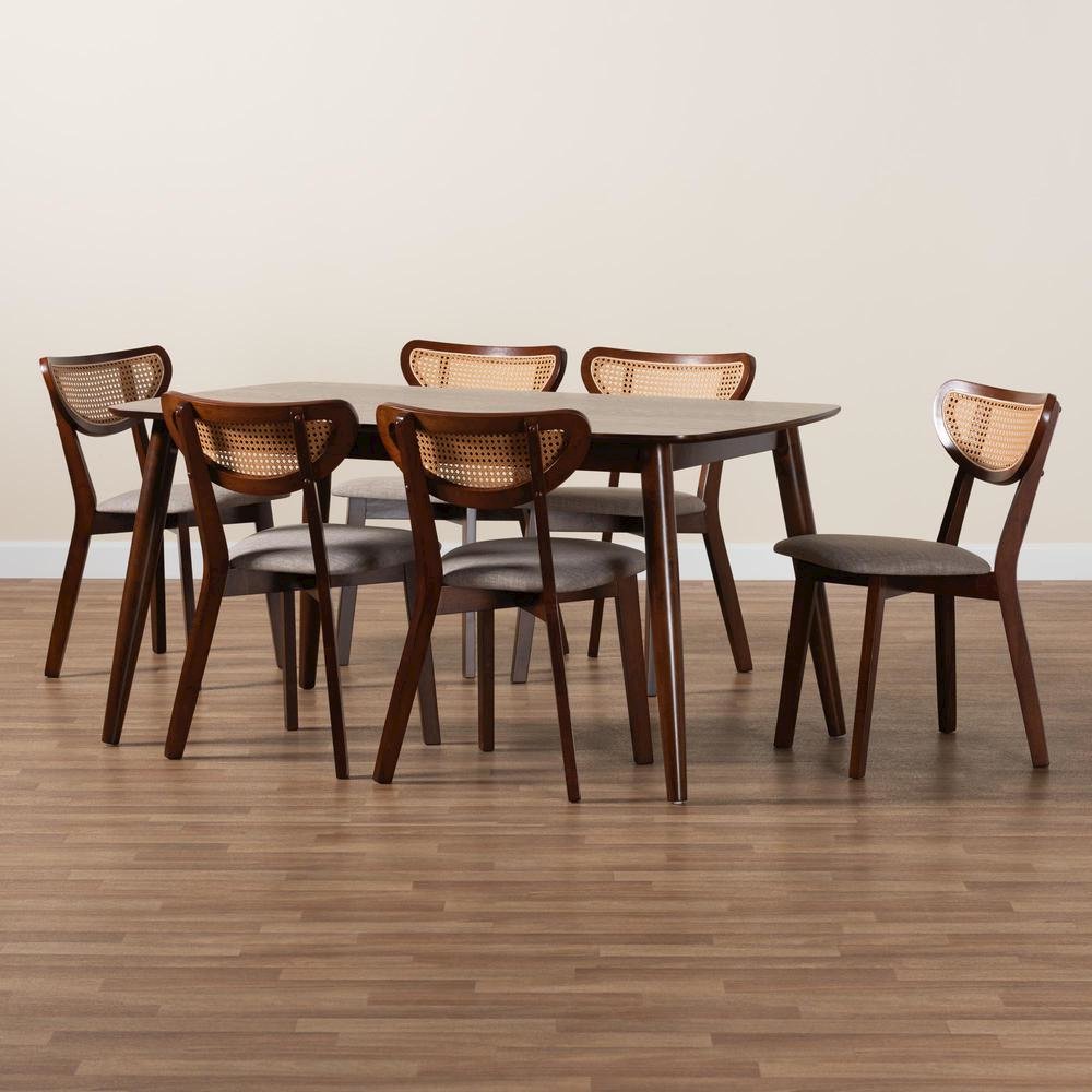 Grey Fabric and Walnut Brown Finished Wood 7-Piece Dining Set. Picture 19