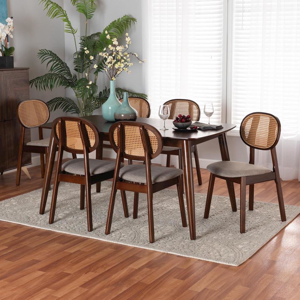 Grey Fabric and Walnut Brown Finished Wood 7-Piece Dining Set. Picture 18