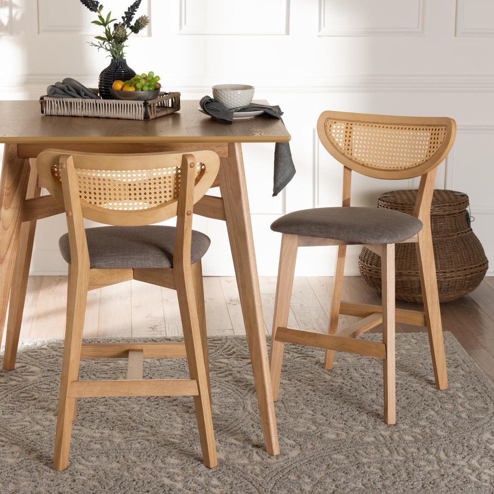 Modern Grey Fabric and Natural Oak Finished Wood 2-Piece Counter Stool Set. Picture 16