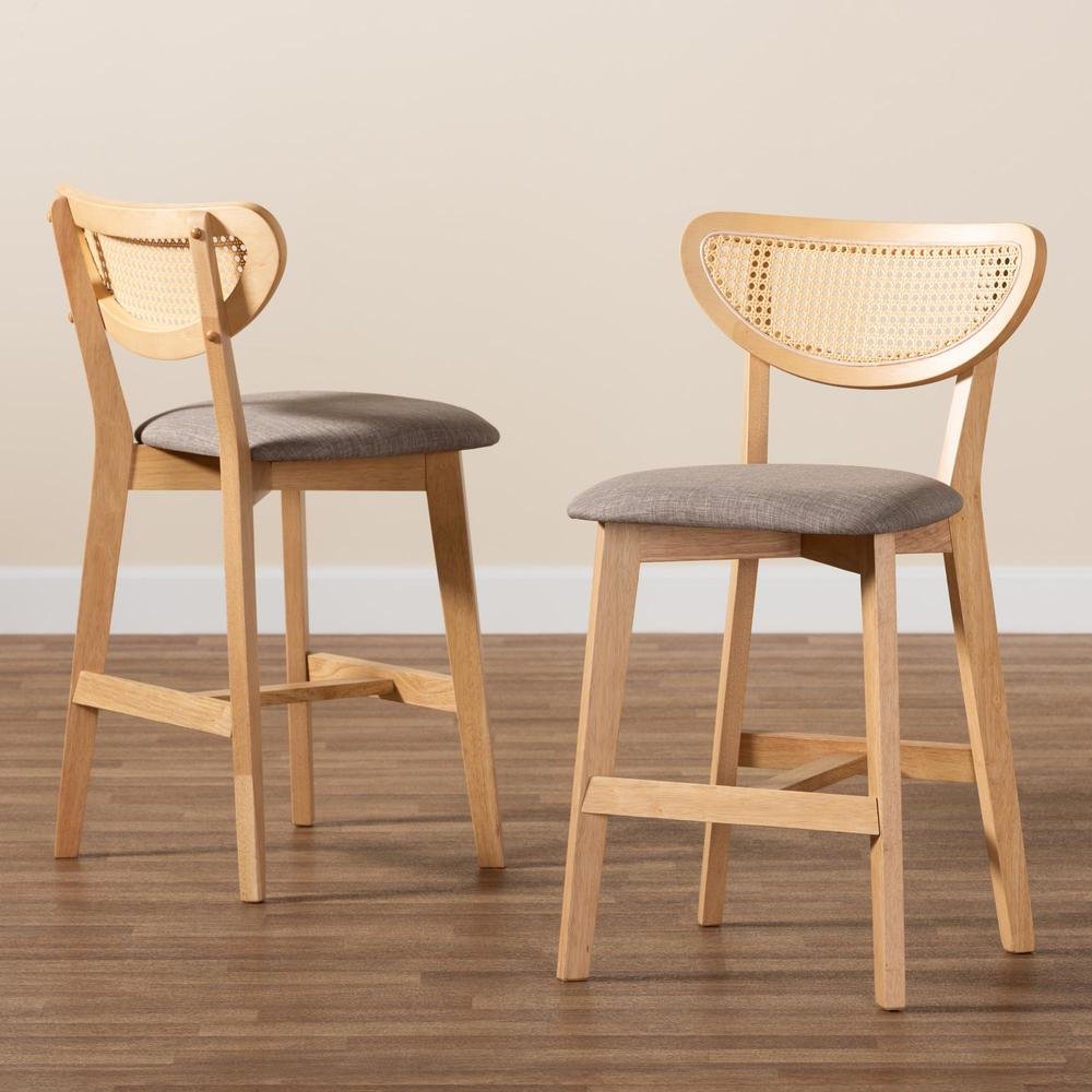 Modern Grey Fabric and Natural Oak Finished Wood 2-Piece Counter Stool Set. Picture 17