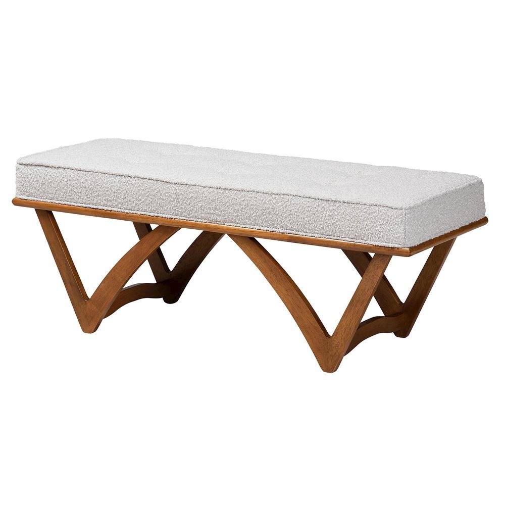 Chenoa Japandi Light Grey Boucle Fabric and Walnut Brown Finished Wood Bench. Picture 9
