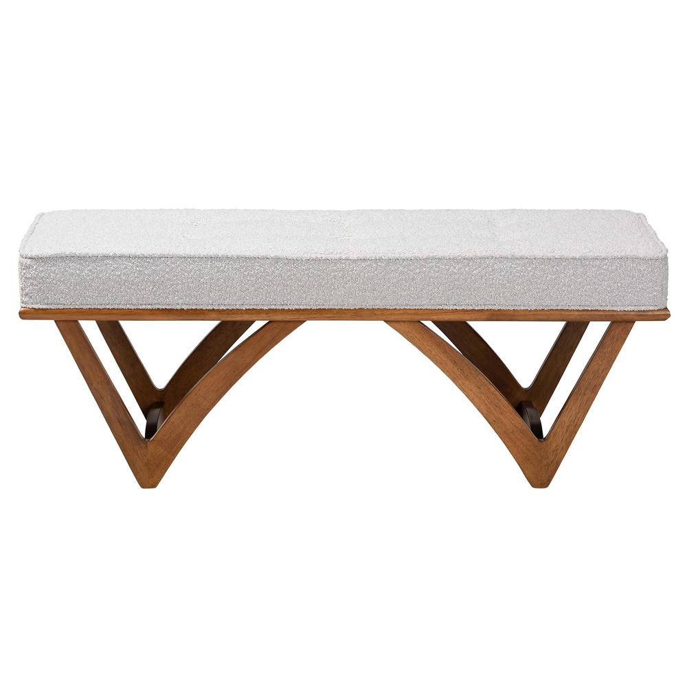 Chenoa Japandi Light Grey Boucle Fabric and Walnut Brown Finished Wood Bench. Picture 10