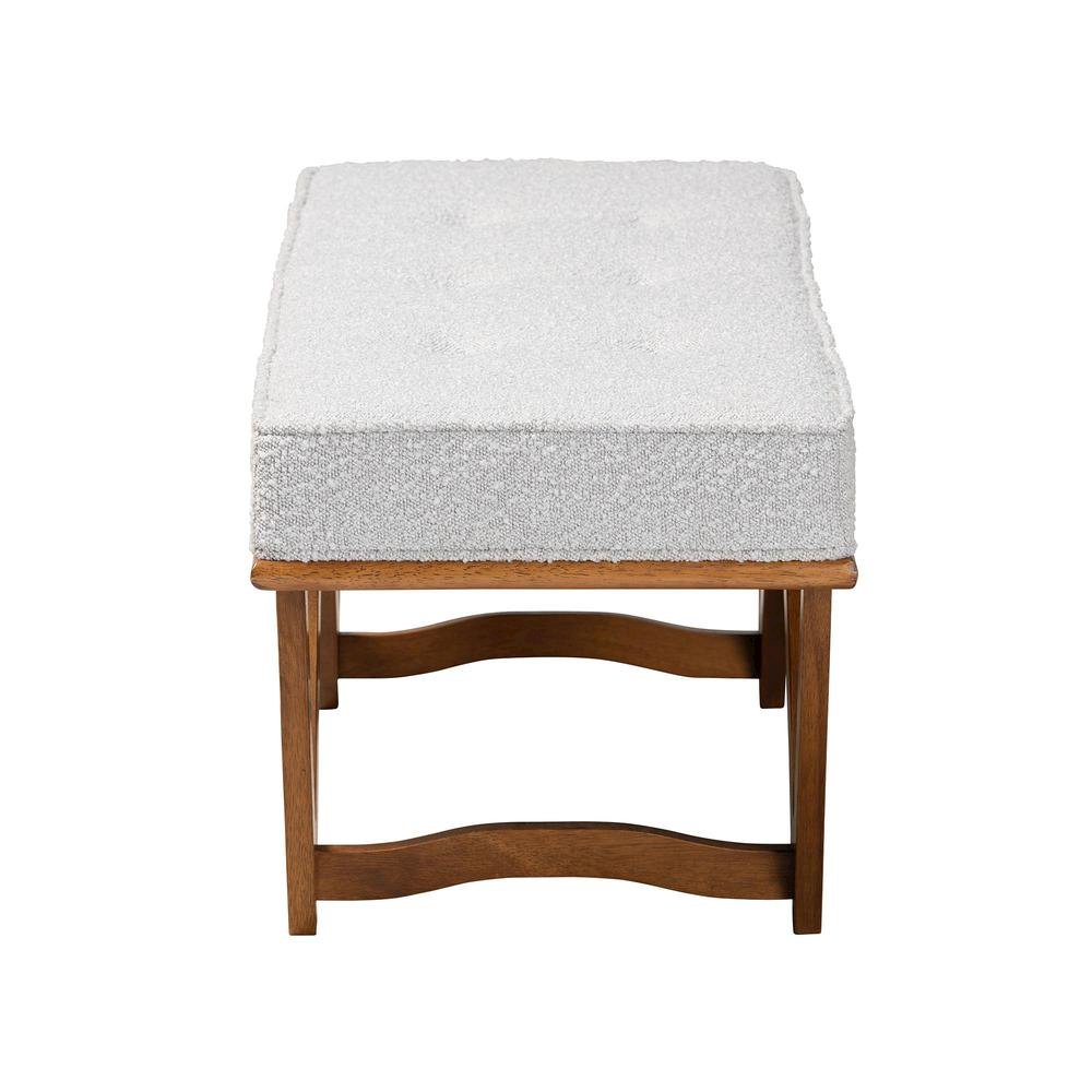 Chenoa Japandi Light Grey Boucle Fabric and Walnut Brown Finished Wood Bench. Picture 11