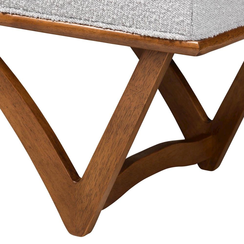 Chenoa Japandi Light Grey Boucle Fabric and Walnut Brown Finished Wood Bench. Picture 12
