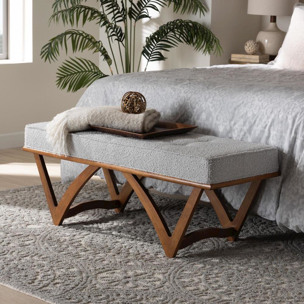 Chenoa Japandi Light Grey Boucle Fabric and Walnut Brown Finished Wood Bench. Picture 14