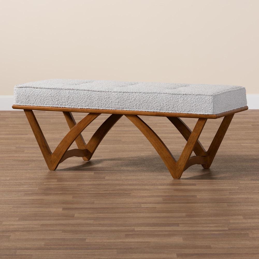 Chenoa Japandi Light Grey Boucle Fabric and Walnut Brown Finished Wood Bench. Picture 15