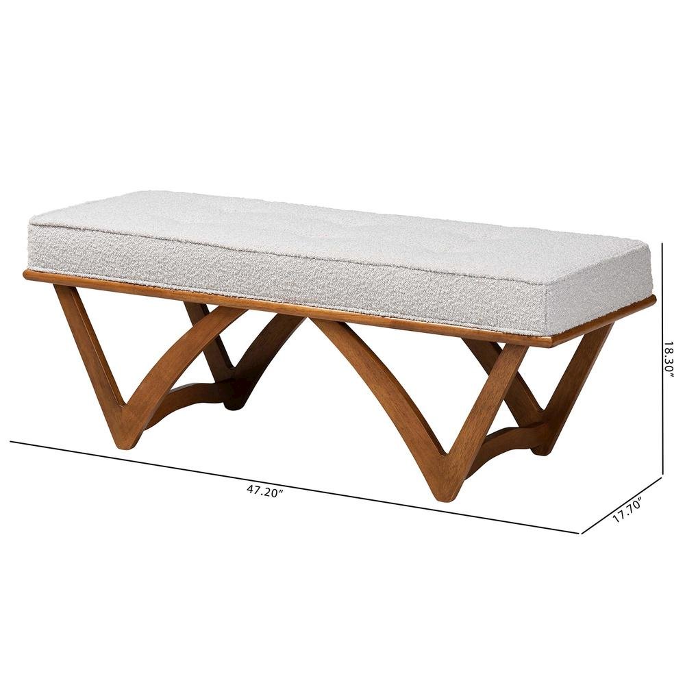 Chenoa Japandi Light Grey Boucle Fabric and Walnut Brown Finished Wood Bench. Picture 16