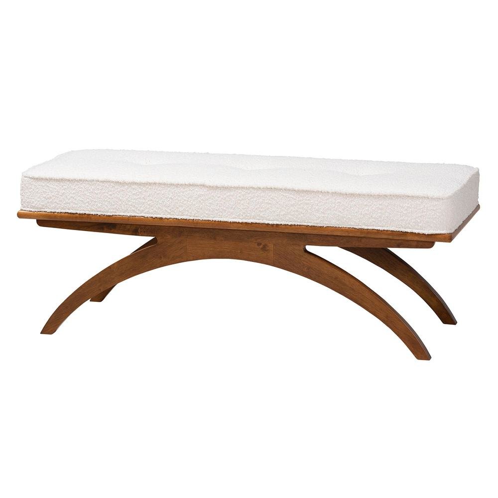 Orella Japandi Cream Boucle Fabric and Walnut Brown Finished Wood Bench. Picture 9