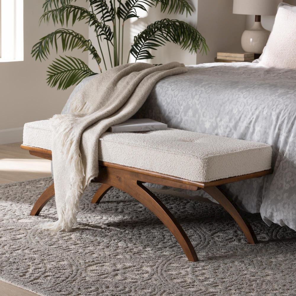 Orella Japandi Cream Boucle Fabric and Walnut Brown Finished Wood Bench. Picture 14