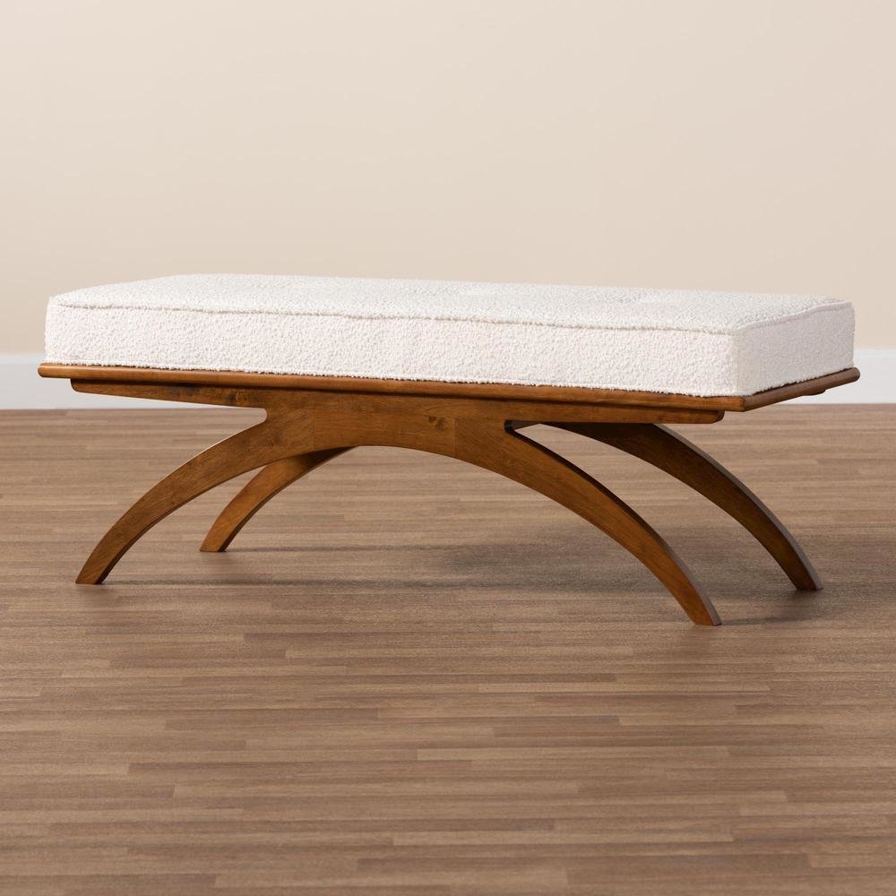 Orella Japandi Cream Boucle Fabric and Walnut Brown Finished Wood Bench. Picture 15