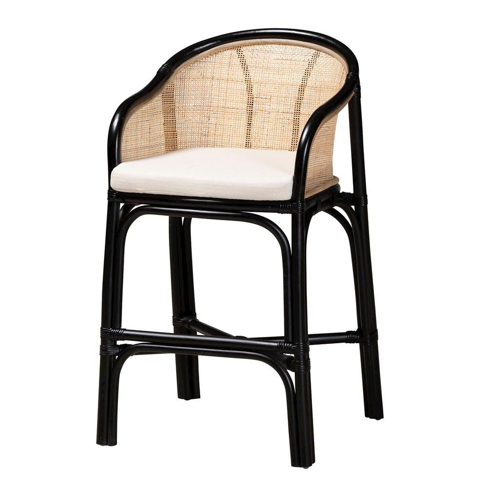 Bohemian Two-Tone Black and Natural Brown Rattan Counter Stool. Picture 11