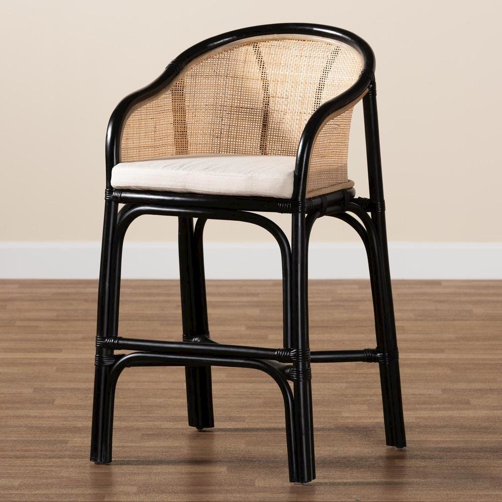 Bohemian Two-Tone Black and Natural Brown Rattan Counter Stool. Picture 19