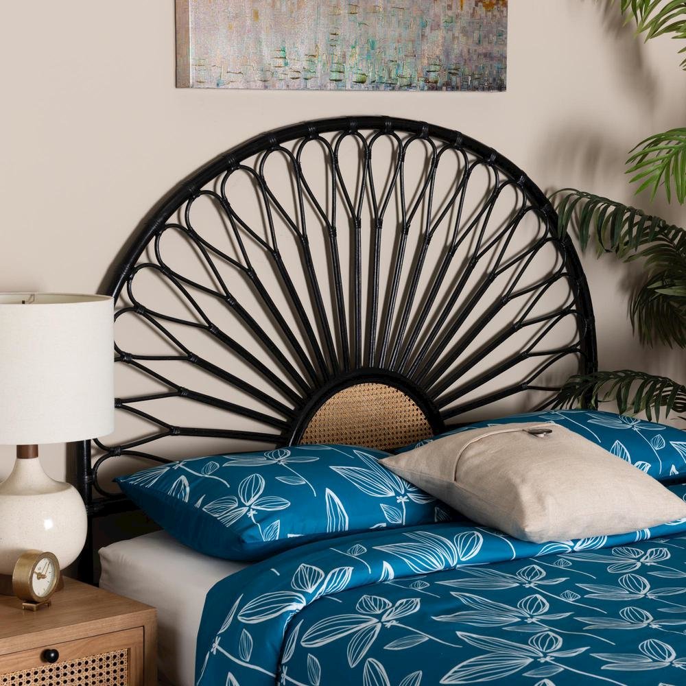 Bohemian Two-Tone Black and Natural Brown Rattan King Size Standalone Headboard. Picture 15