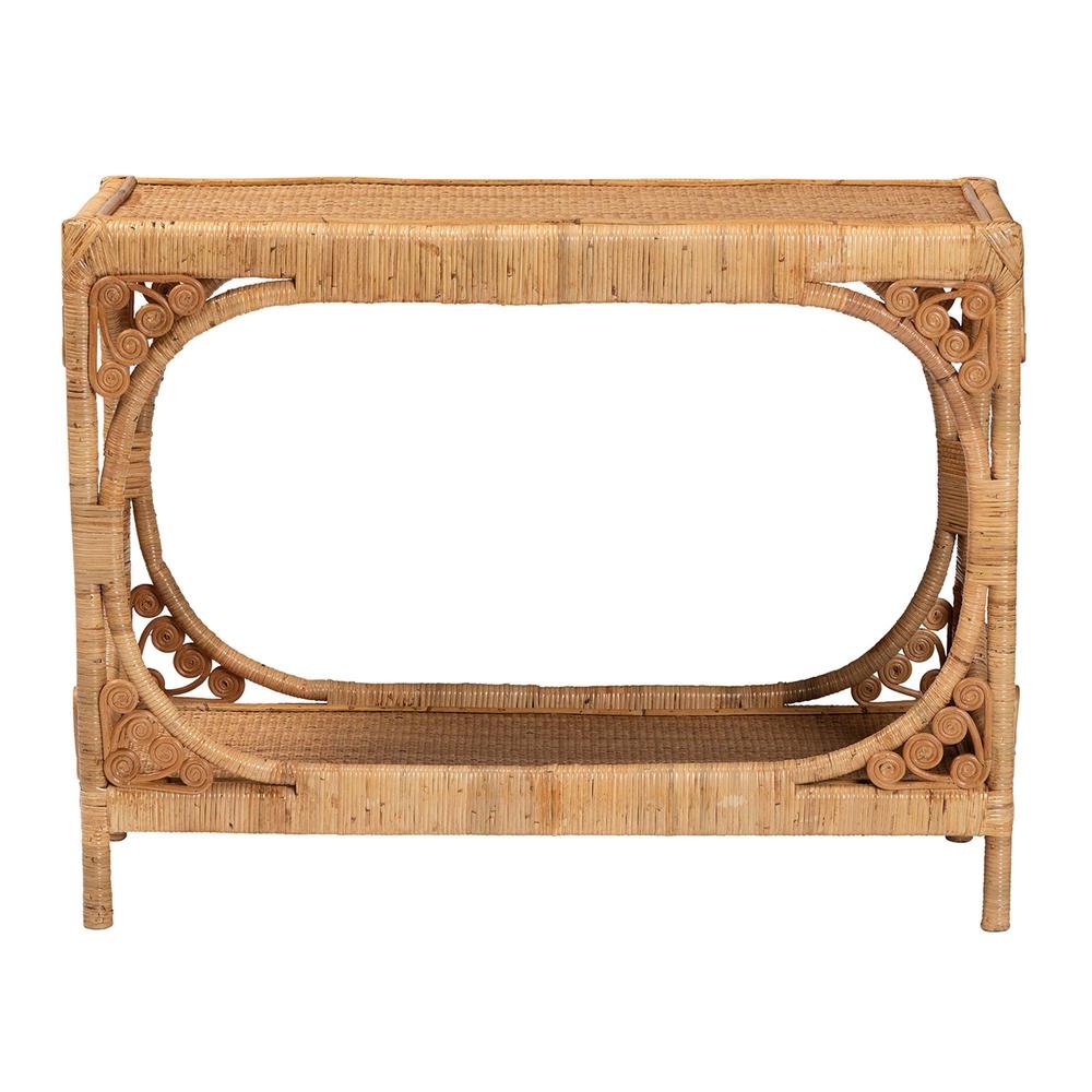 bali & pari Ramona Modern Bohemian Light Honey Rattan Console Table. Picture 11
