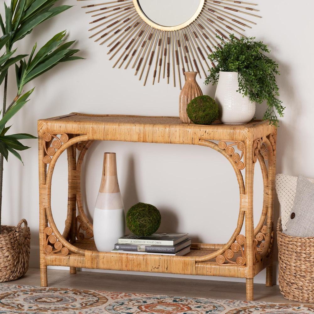 bali & pari Ramona Modern Bohemian Light Honey Rattan Console Table. Picture 16