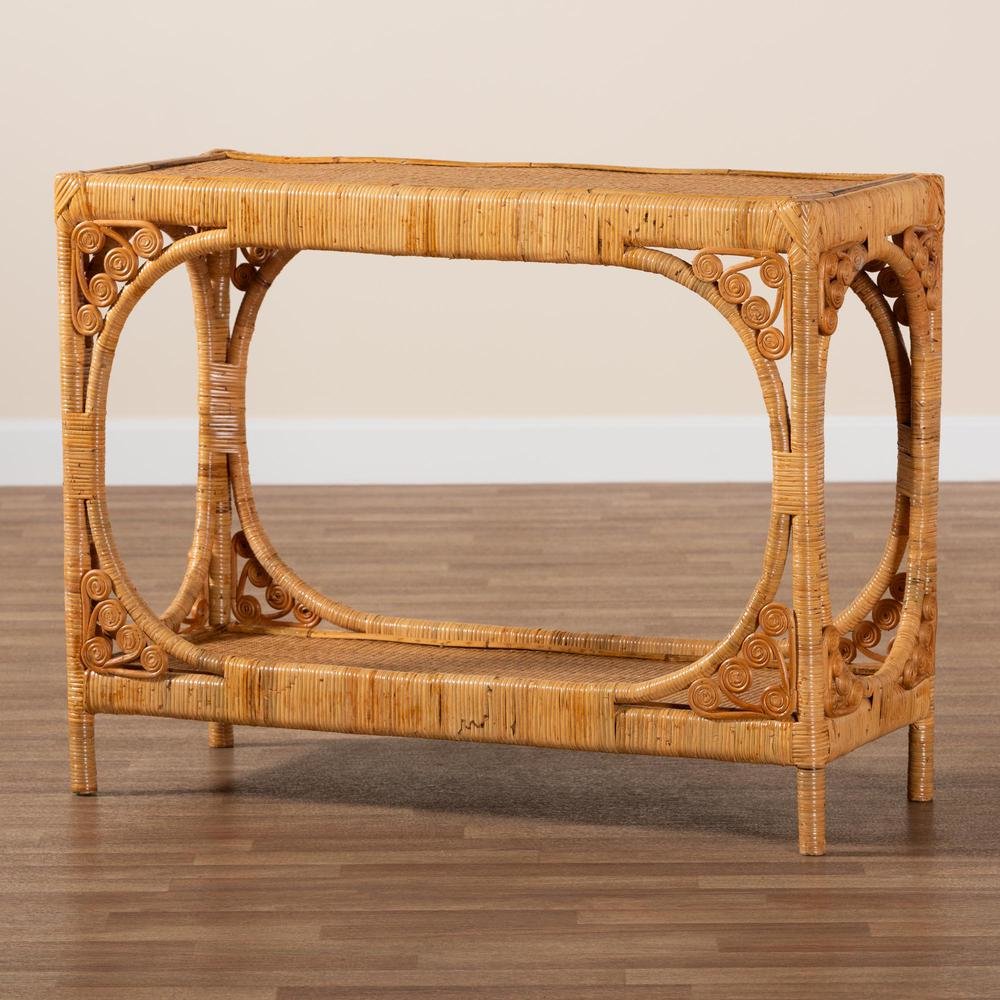 bali & pari Ramona Modern Bohemian Light Honey Rattan Console Table. Picture 17