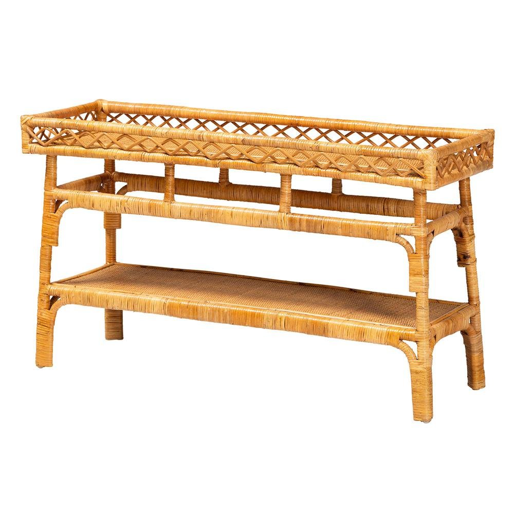 Savitri Modern Bohemian Natural Rattan 2-Tier Console Table. Picture 10