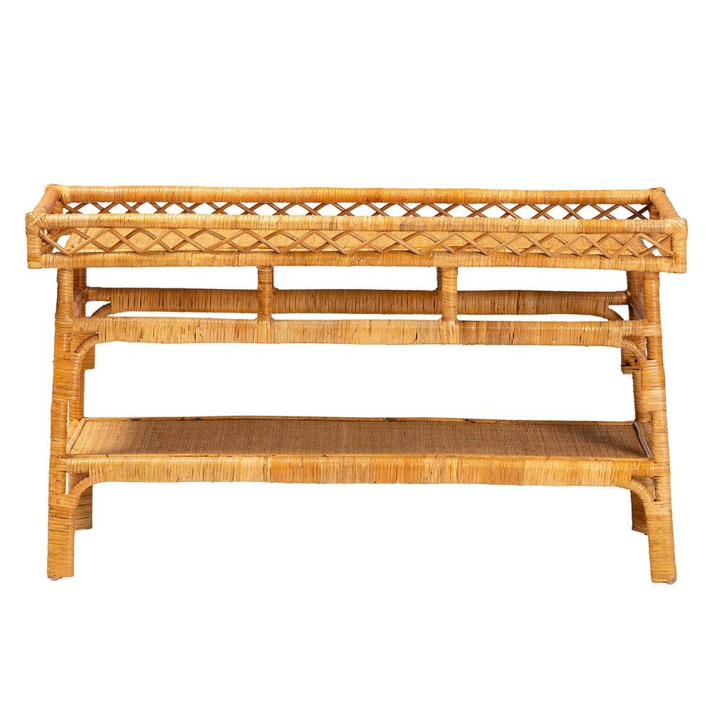 Savitri Modern Bohemian Natural Rattan 2-Tier Console Table. Picture 11