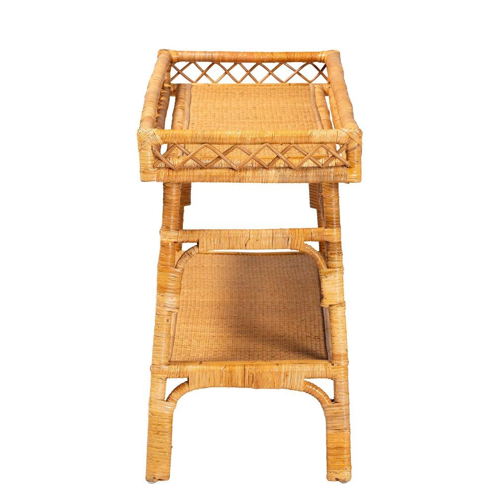 Savitri Modern Bohemian Natural Rattan 2-Tier Console Table. Picture 12