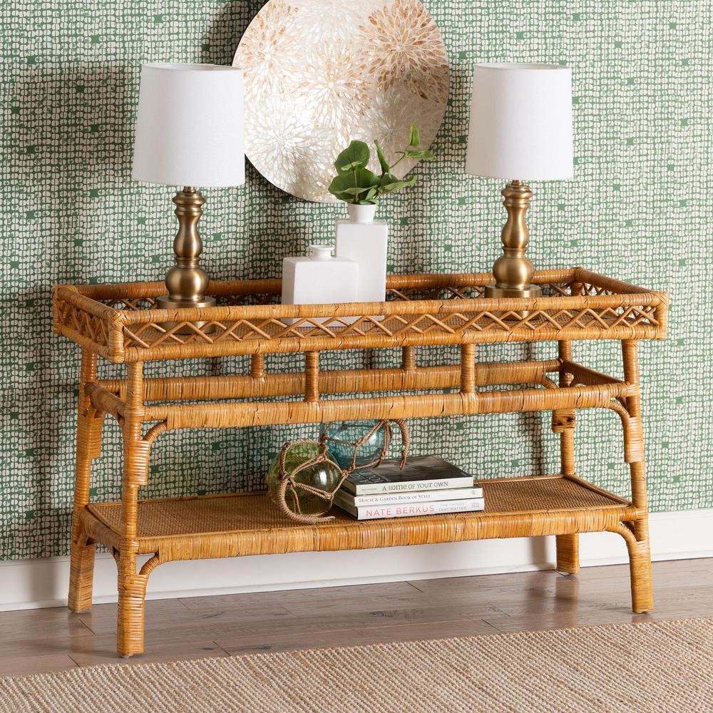 Savitri Modern Bohemian Natural Rattan 2-Tier Console Table. Picture 16