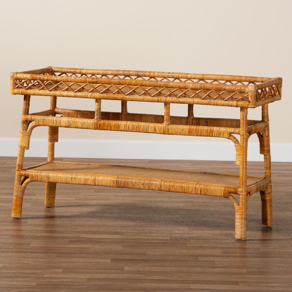 Savitri Modern Bohemian Natural Rattan 2-Tier Console Table. Picture 17