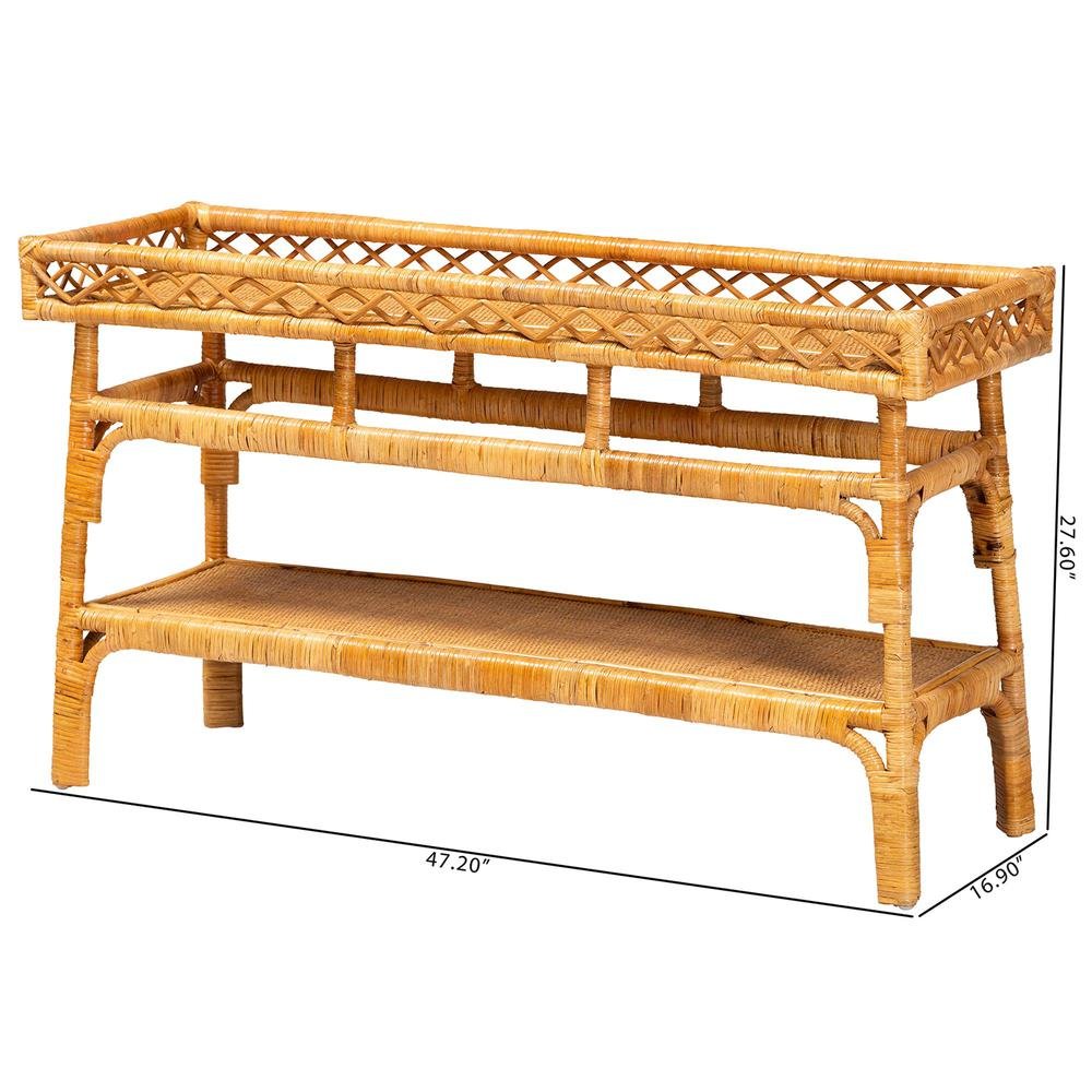 Savitri Modern Bohemian Natural Rattan 2-Tier Console Table. Picture 18