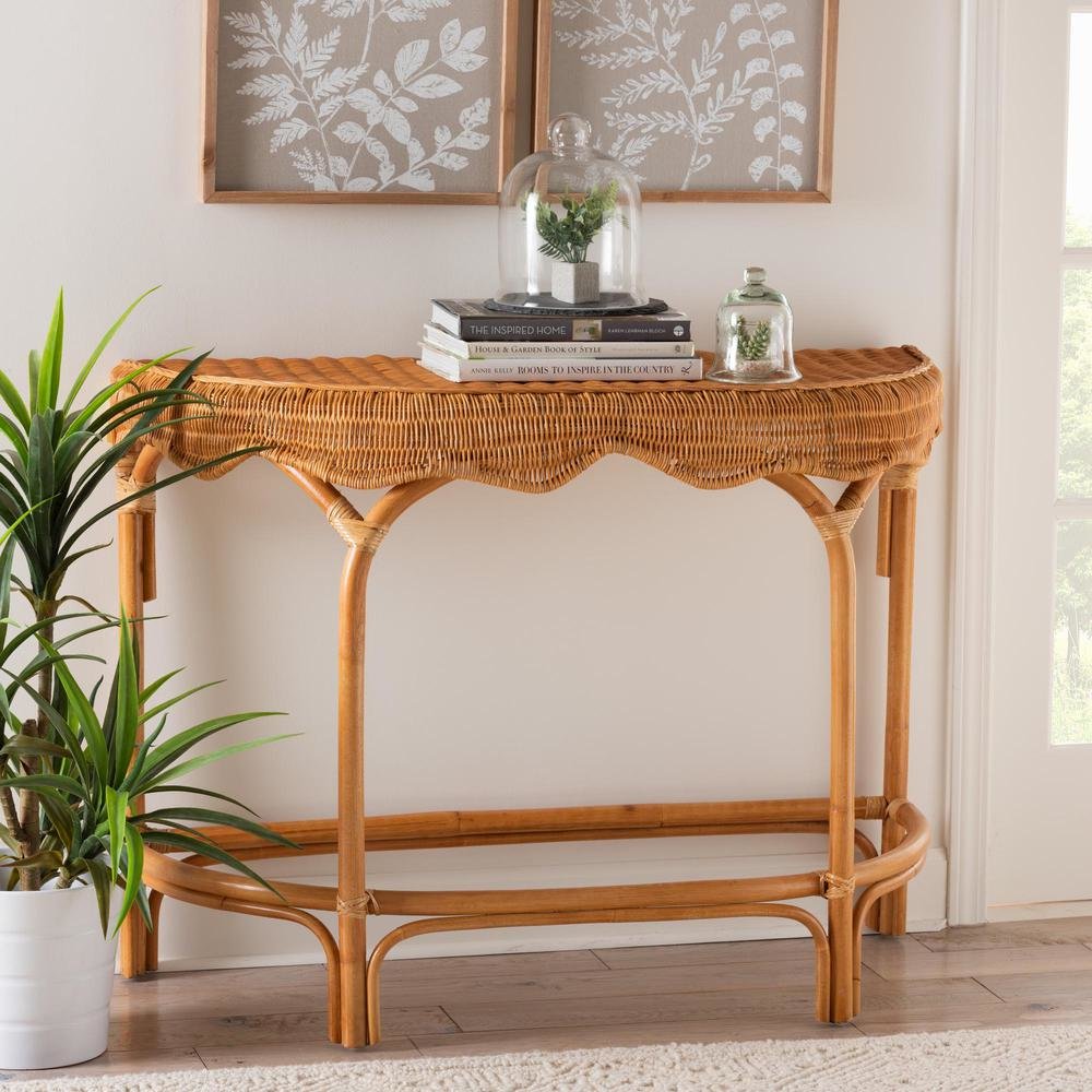 bali & pari Wakana Modern Bohemian Natural Brown Rattan Console Table. Picture 16