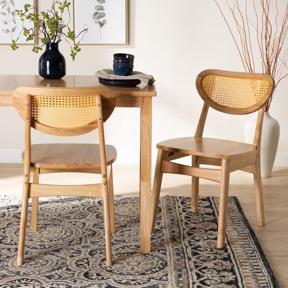 Oak Brown Finished Wood and Rattan 2-Piece Dining Chair Set. Picture 16