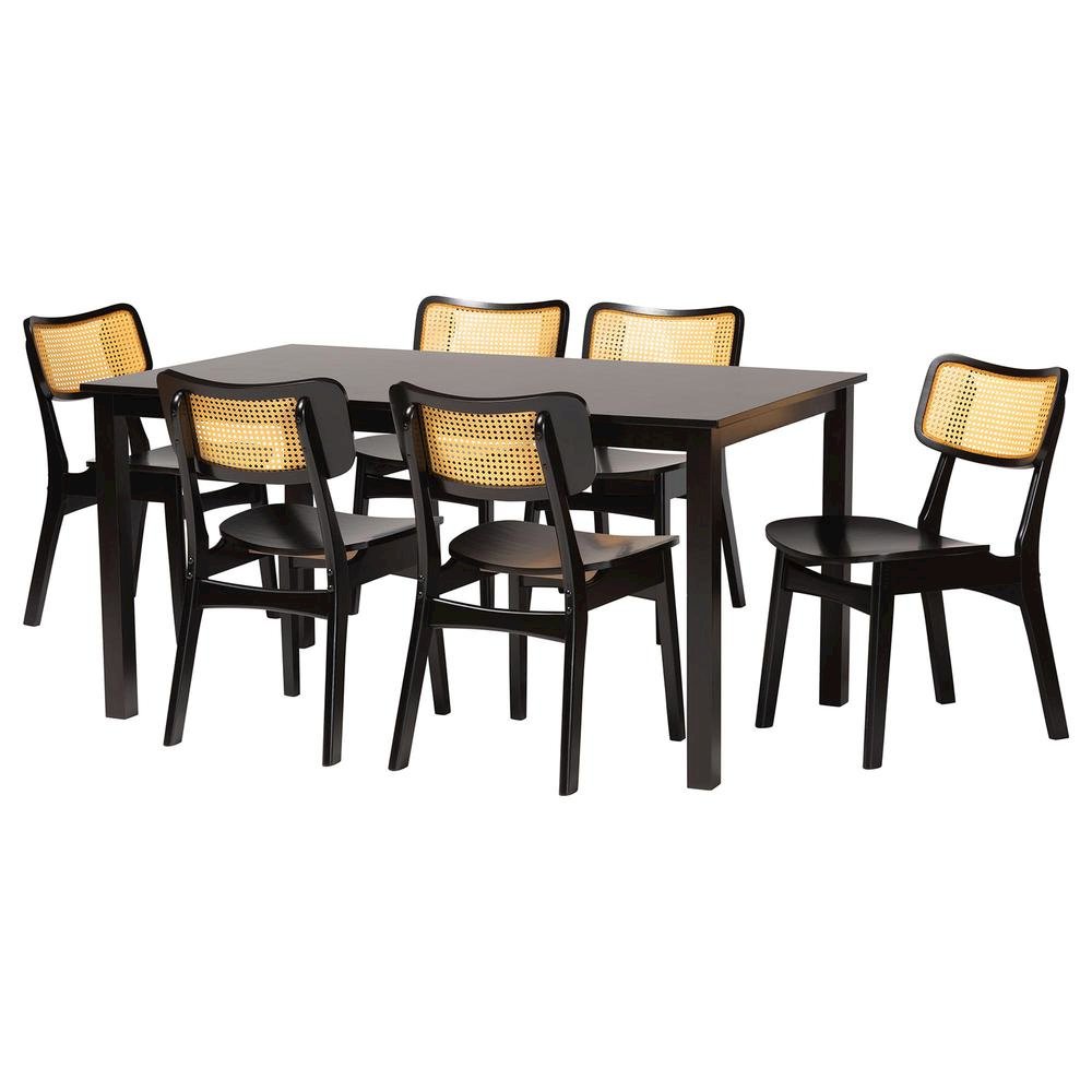 Estera Mid-Century Modern Dark Brown Finished Wood and Rattan 7-Piece Dining Set. Picture 11
