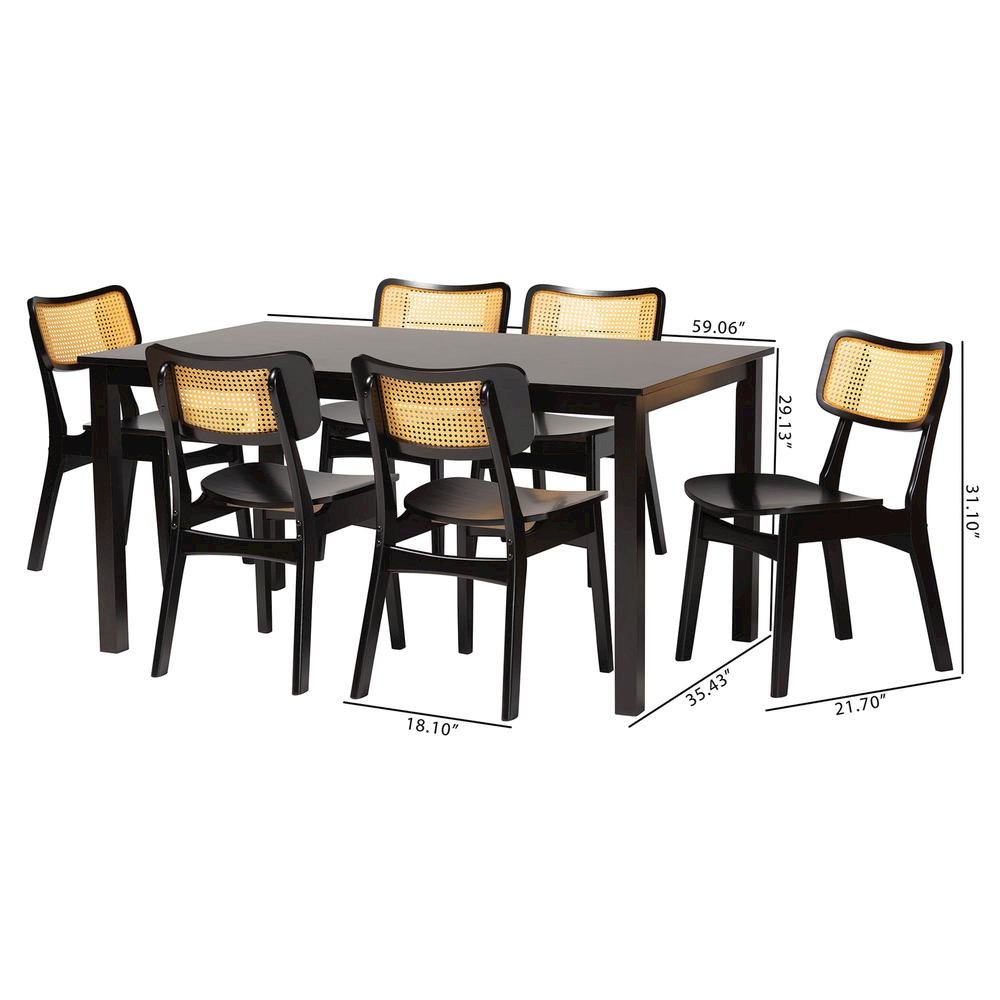 Estera Mid-Century Modern Dark Brown Finished Wood and Rattan 7-Piece Dining Set. Picture 20