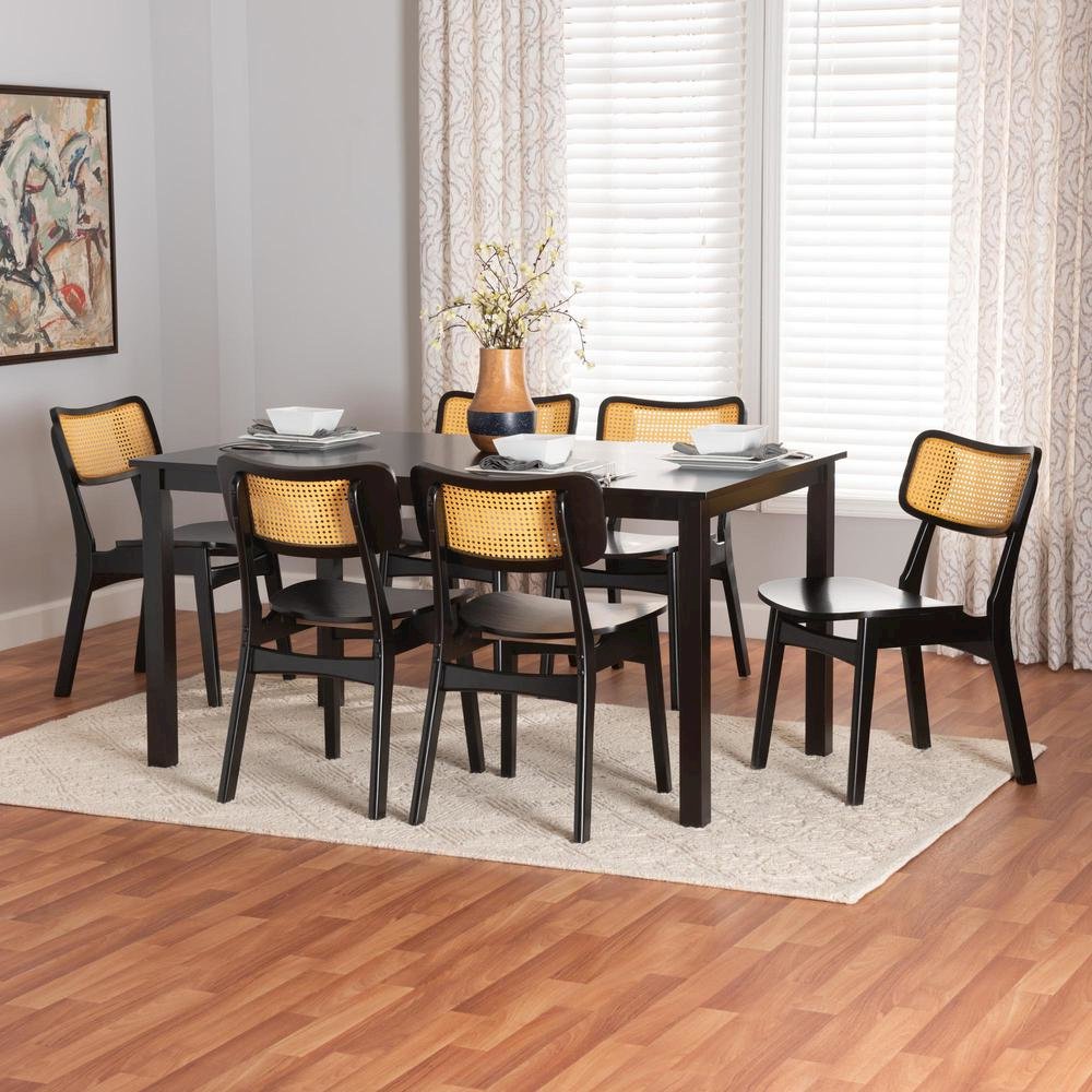 Estera Mid-Century Modern Dark Brown Finished Wood and Rattan 7-Piece Dining Set. Picture 18