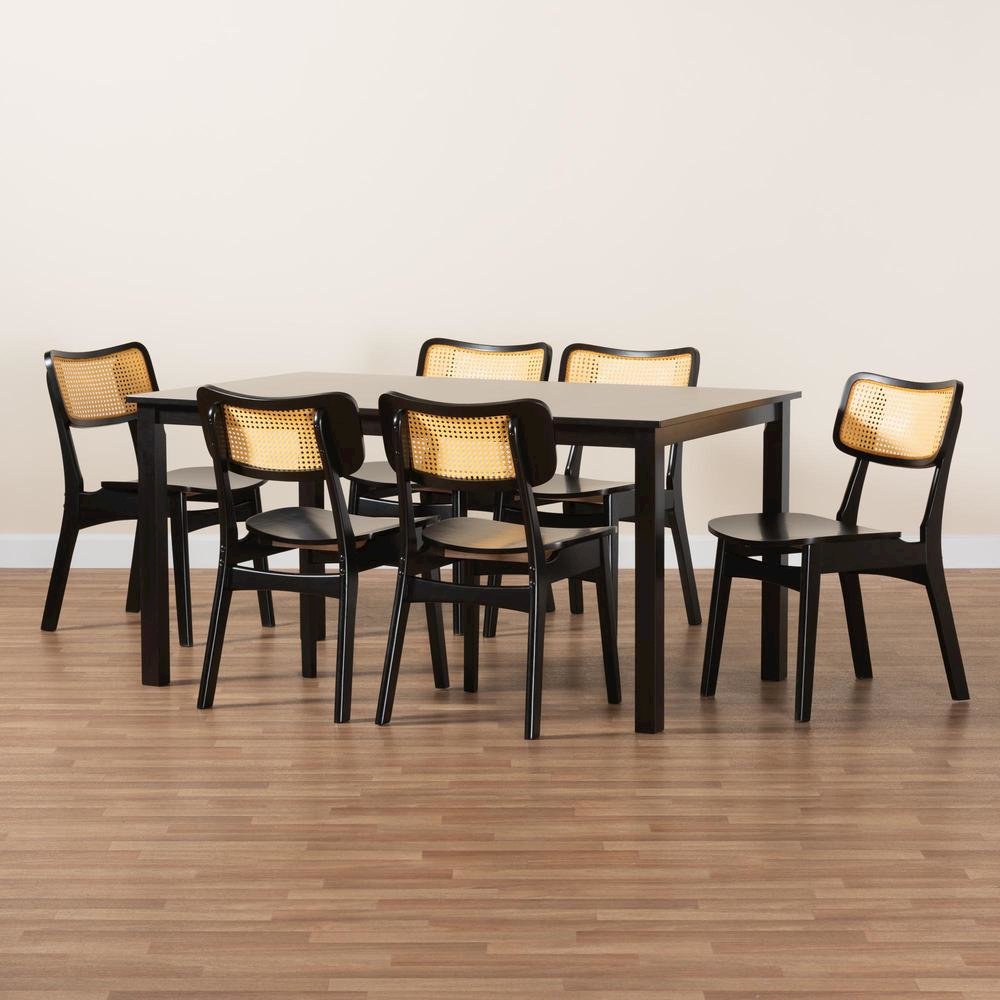 Estera Mid-Century Modern Dark Brown Finished Wood and Rattan 7-Piece Dining Set. Picture 19