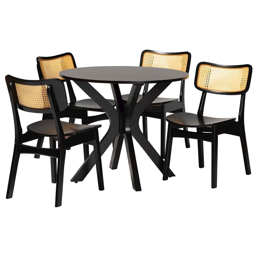 Linnet Mid-Century Modern Dark Brown Finished Wood and Rattan 5-Piece Dining Set. Picture 11